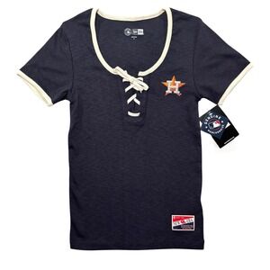 Houston Astros T Shirt Womens Small Black New Era Baseball MLB Throwback Lace Up